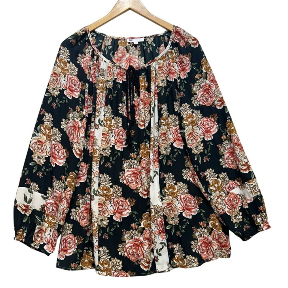 DR2 Womens Peasant Blouse Size 3X Black Floral Tassel Tie Neck Boho